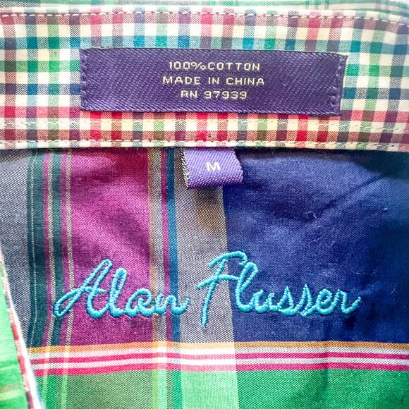 Alan Flusser Mens Medium 100 Cotton Multicolor Plaid 2 Layer Button Down Collar - Picture 2 of 10